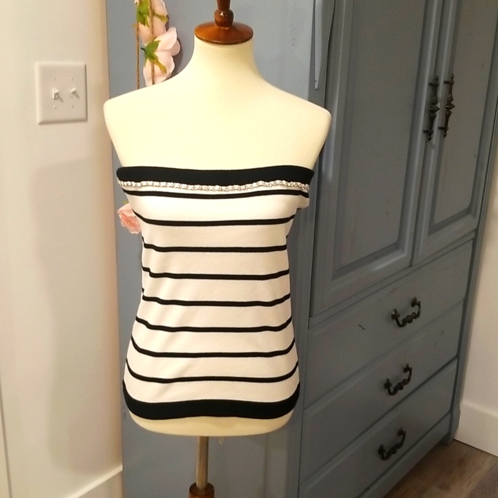 NWT WHBM Striped Black and White sweater tube top Size Large